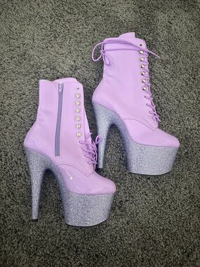 Pleaser Lilac Patent Rhinestone Platform Lace-Up Ankle Boots